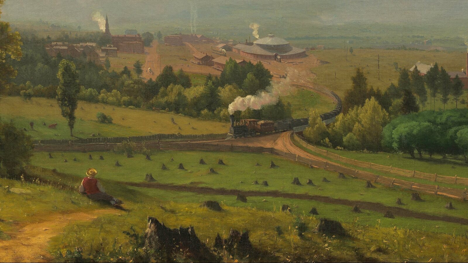 George Inness, The Lackawanna Valley (1855): a figure reclines on a stump-filled hillside, watching a steam train curve toward a roundhouse and town.