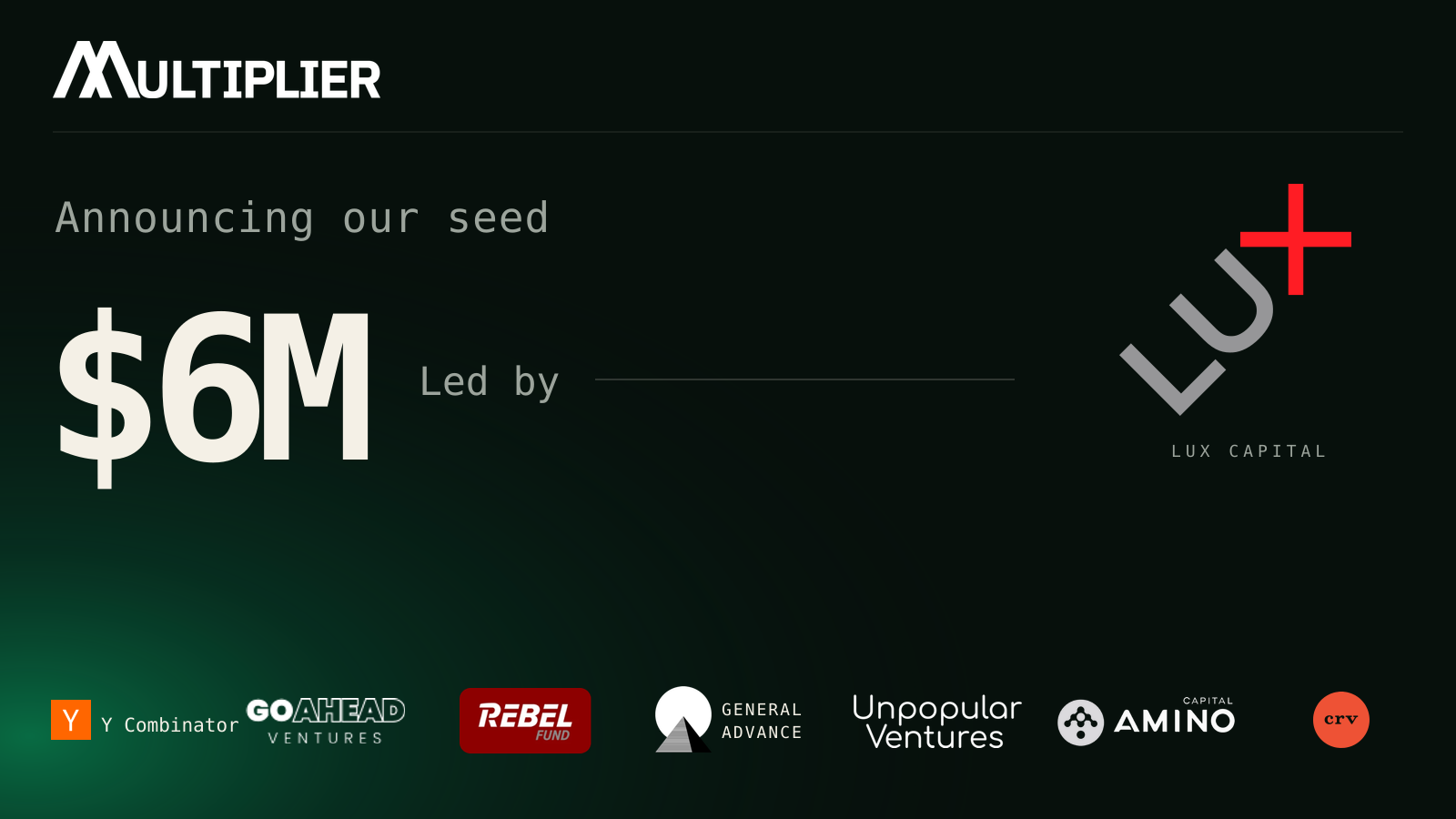 Multiplier announces a $6 million seed round led by Lux Capital, with participating investor logos.